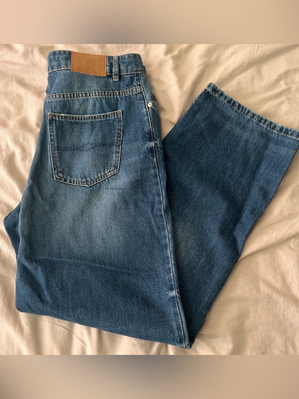 Zara Medium Blue Boyfriend Jeans with Tan Patch
